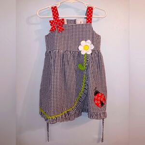 Rare Navy Gingham Dress Red Polka Dot Ribbon Bows Embroidered Lady Bug Flowers